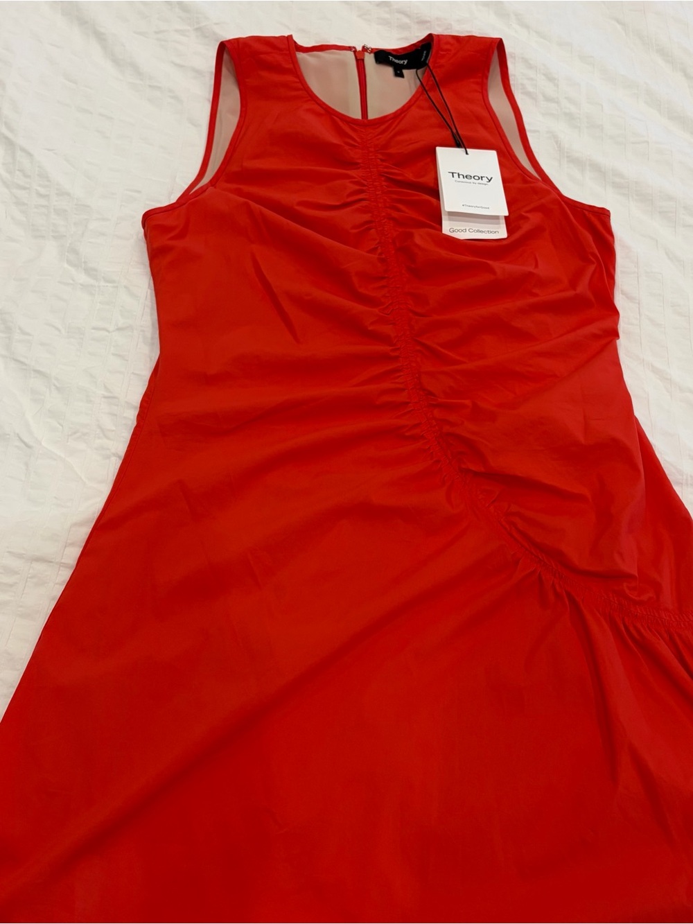 NWT Theory Asymmetric Ruched Sleeveless Midi Dress in Poppy - Picture 6 of 8